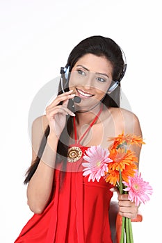 Slim girl with micro phones