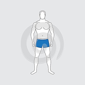 Slim muscular standing man in blue swimming trunks