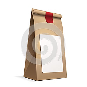 Slim Paper Bag Package With White Label Sticker Of Coffee, Salt, Sugar, Pepper, Spices Or Flour.
