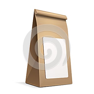 Slim Paper Bag Package With White Label Sticker Of Coffee, Salt, Sugar, Pepper, Spices Or Flour, Filled.