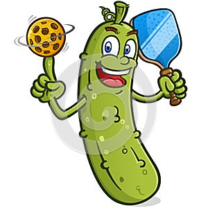 Slim pickle cartoon character spinning his pickleball on his finger like a baller