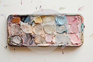 slim, rectangular palette filled compactly with muted oil paint tones