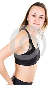 Slim tanned woman body over white background