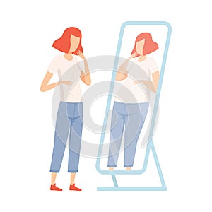 Slim Teen Girl Seeing Herself Fat in Mirror, Teenager Puberty Problem Vector Illustration