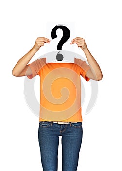 Slim woman covering her head with a poster with a question symbol