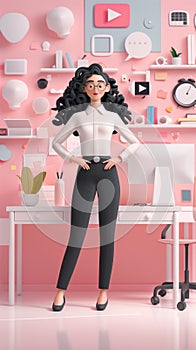 Slim woman with long hair in the office. 3d character. Interface icons flying around. Vertical layout