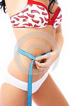 Slim woman measures her waist