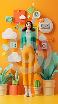 Slim woman in the office. 3d character. Interface icons flying around. Vertical layout. Orange background