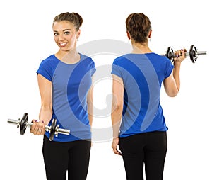 Slim woman wearing blank blue shirt and exercising