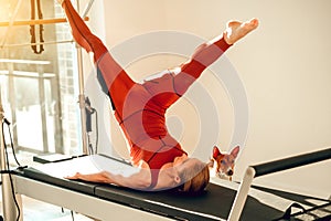 Slim woman wearing sports attire having anaerobic exercise on reformer