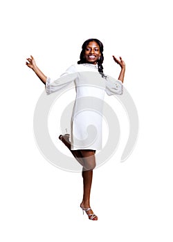 Slim Young African American Woman One One Leg In White Dress