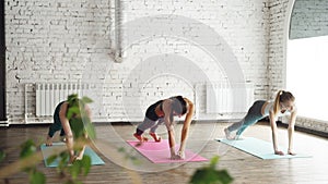 Slim young ladies are doing side plank pose Vasisthasana while practicing yoga in modern studio. Gracious women and