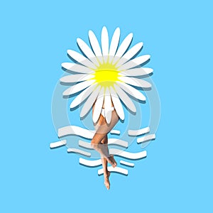 Slim young woman with slender legs sanding behind giant flower over blue background. Contemporary art collage.