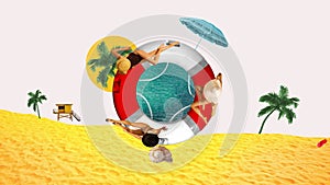 Slim young women lying on swimming circle in pool and sunbathing on beach. Tropics, palms and sand. Stop motion