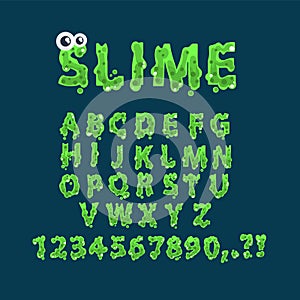Slime alphabet. Green radioactive sliming text, sticky drip goo flow font, halloween spooky monster alien typeface, glow