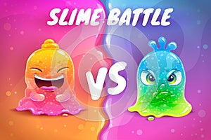 Slime battle VS illustration. Funny colorful slimy characters.