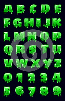 Slime Font green bubbling toxic mold. Letters numbers. Vector cartoon style illustration