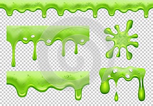 Slime. Green toxic flowing blotting and splatter dripping transparent liquids slimy vector realistic collection splashes