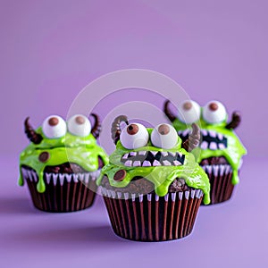 Slime monster cupcakes with green dripping frosting and candy eyes photo