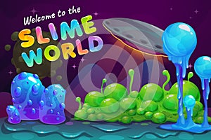 Slime world backcround. Fantasy alien landscape with UFO and slimy plants.