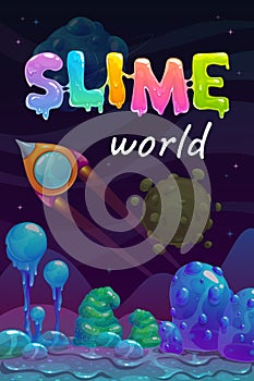 Slime world background. Alien fantasy slimy landscape. Magic book or magazine cover.