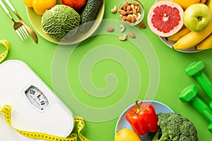 Slimming concept. Top view photo of plates with fruits and vegetables nuts cutlery dumbbells tape measure and scales on isolated