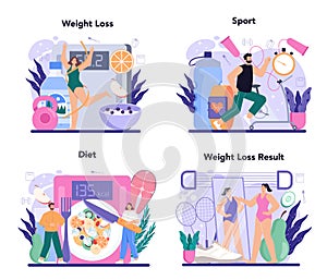 Slimming process set. Person losing weight with fitness exercise and healthy