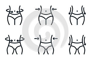 Slimming Waist. Woman and Man Loss Weight Line Icon. Shape Waistline Control Outline Icon. Set of Female and Male Body