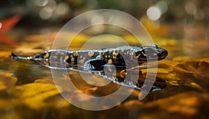 A slimy, cute gecko looking at a colorful autumn leaf generated by AI