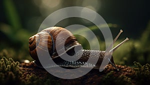 Slimy gastropod crawling slowly on green plant generated by AI