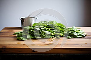 slimy green spinach leaves spread out on a wooden board