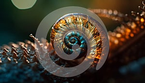 Slimy snail crawling on spiral shell pattern generated by AI