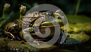 Slimy toad sitting on wet green leaf generated by AI