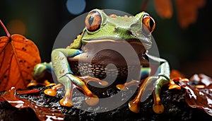 A slimy toad sitting on a wet leaf in the forest generated by AI