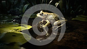 Slimy toad sitting on wet leaf, looking generated by AI