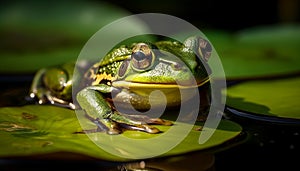 Slimy toad sitting on wet leaf outdoors generated by AI