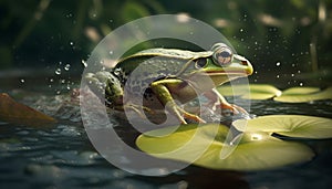 Slimy toad sitting in wet pond water generated by AI