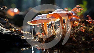 The slimy toadstool grows on a wet forest branch generated by AI