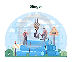 Slinger concept. Professional workers of constructing industry slinging photo