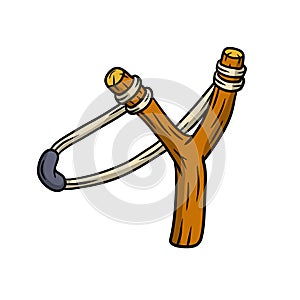 Slingshot. Children toy for throwing stones. Shooting and small rock. Cartoon drawn illustration isolated