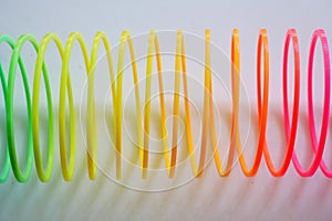 Slinky, plastic toy with colors of the rainbow, colorful children`s spring on a blue background.
