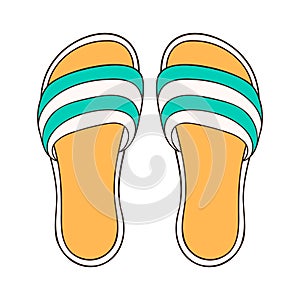 Slipper with stripes icon in cartoon style. Flip flops beach shoes green and yellow color. Vector illustration isolated