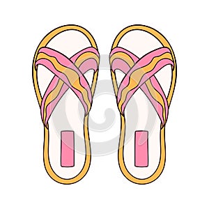 Slipper with wave stripes yellow and pink color icon in cartoon style. Flip-flop female shoes for beach outline symbol