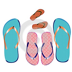 Slippers family, for the beach, on a white background.