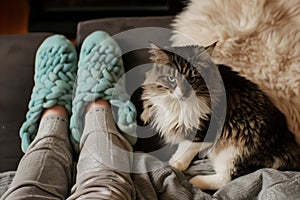 slippers on feet, cat purring on lap photo