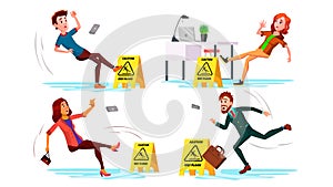 Slippery Concept Vector. Wet Slippery Floor. Slip People And Fall On. Illustration photo