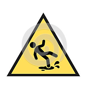 Slippery floor hazard icon with yellow triangle sign. Isolated on a white background.