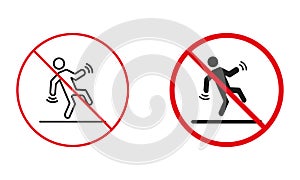 Slippery Floor Warning Sign Set. Caution Danger Wet Surface Line and Silhouette Icons. Beware Accident Symbol, Fall Risk