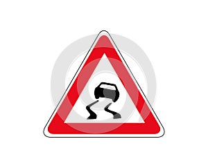 Slippery road traffic warning sign vector. Red triangle board. Road traffic symbols