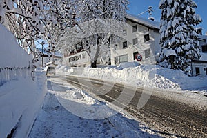 Slippery snow in winter on a street in a small town in Bavaria